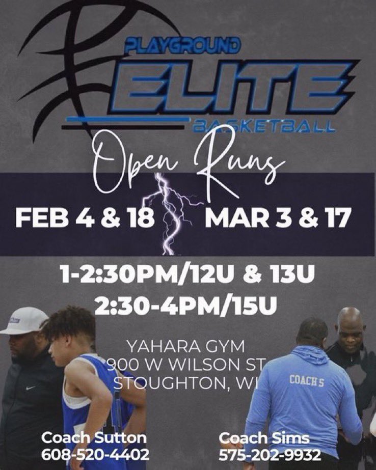 Wisconsin Playground Elite Boys Basketball Open Runs

Sunday, February 18
Sunday, March 3
Sunday, March 17

12U and 13U
1:00-2:30 PM

15U
2:30-4:00 PM

Yahara Gym
900 W Wilson St
Stoughton, WI

Contact Coach Sutton and/or Coach Sims for more information.

playgroundelite.com