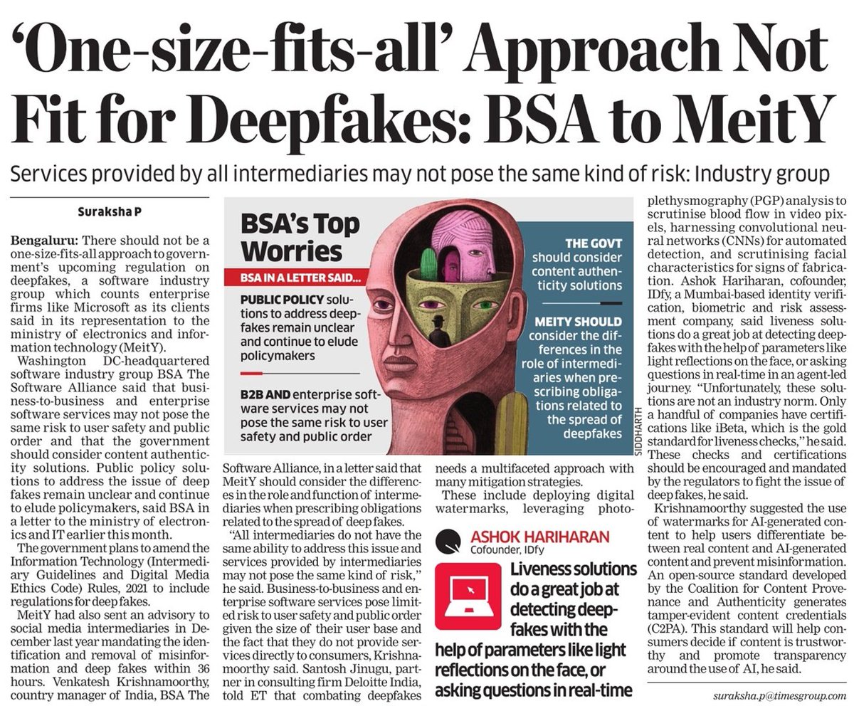 Suraksha P (@surakshapinnuet) on Twitter photo There should not be a one-size-fits-all approach to government's upcoming regulation on deepfakes, a software industry group <a href="/BSAnews/">Business Software Alliance</a> which counts enterprise firms like <a href="/Microsoft/">Microsoft</a> as its members said in its representation to <a href="/GoI_MeitY/">Ministry of Electronics & IT</a>
economictimes.indiatimes.com/tech/technolog…
<a href="/EconomicTimes/">Economic Times</a> There should not be a one-size-fits-all approach to government's upcoming regulation on deepfakes, a software industry group <a href="/BSAnews/">Business Software Alliance</a> which counts enterprise firms like <a href="/Microsoft/">Microsoft</a> as its members said in its representation to <a href="/GoI_MeitY/">Ministry of Electronics & IT</a>
economictimes.indiatimes.com/tech/technolog…
<a href="/EconomicTimes/">Economic Times</a>