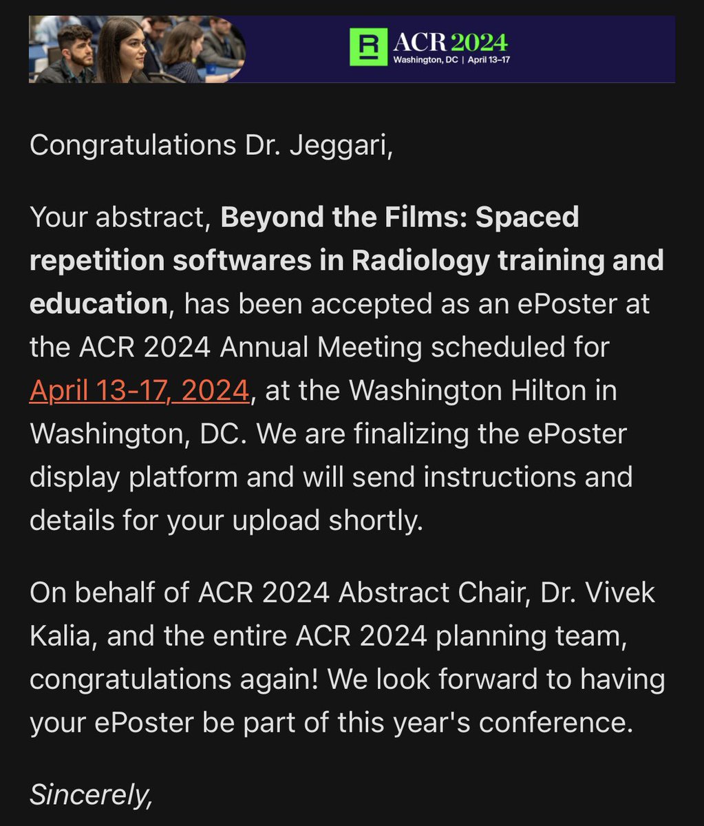 Delighted to share that two of my abstracts have been accepted for poster presentation at the @RadiologyACR 2024 annual meeting. Grateful for the opportunity!