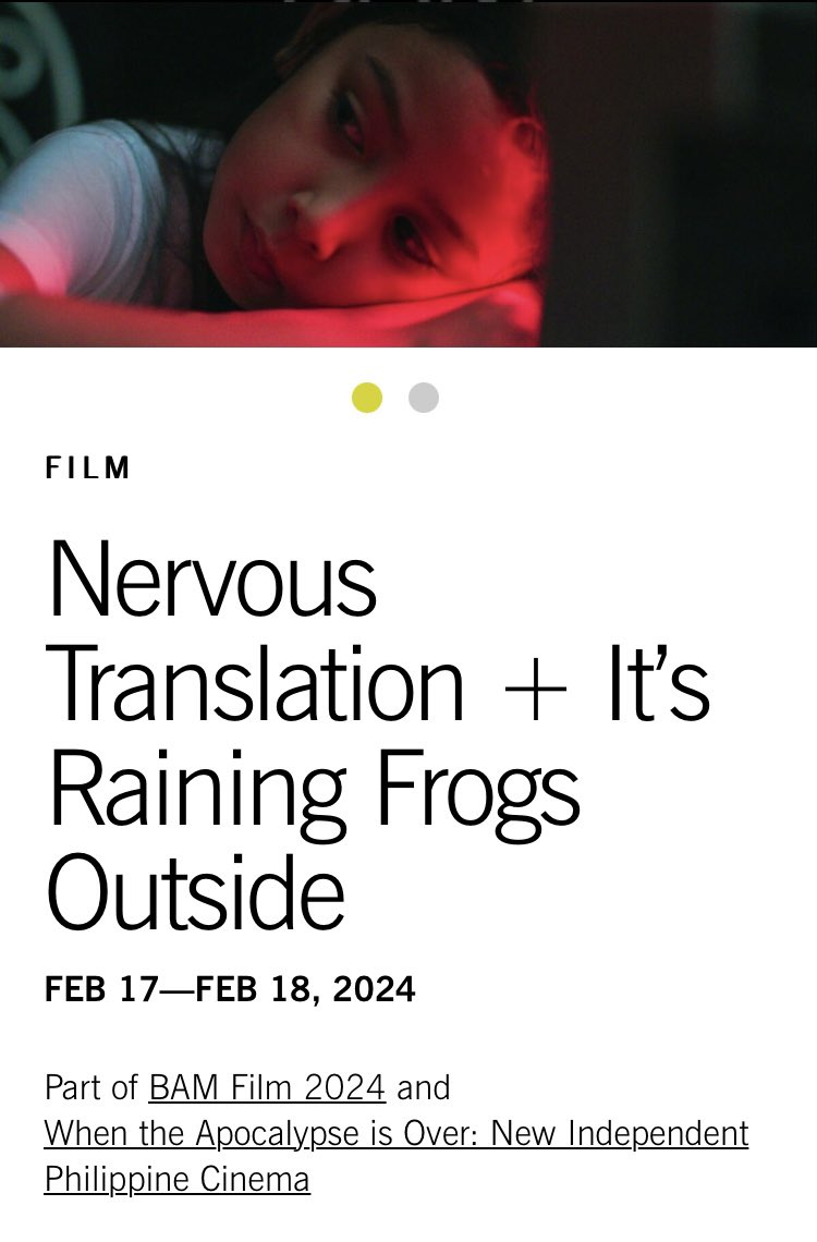 Nervous Translation screening twice in Brooklyn <a href="/BAMfilmBrooklyn/">BAM Film</a> with It’s Raining Frogs Outside (2021) by Maria Estela Paiso as part of When the Apocalypse is Over: New Independent Philippine Cinema, programmed by <a href="/a_ehunt/">aehunt</a>

Sat Feb 17 2pm
Sun Feb 18 7pm

bam.org/film/2024/apoc…