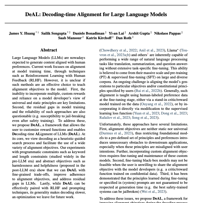 DeAL

Decoding-time Alignment for Large Language Models

paper page: huggingface.co/papers/2402.06…

Large Language Models (LLMs) are nowadays expected to generate content aligned with human preferences. Current work focuses on alignment at model training time, through techniques such