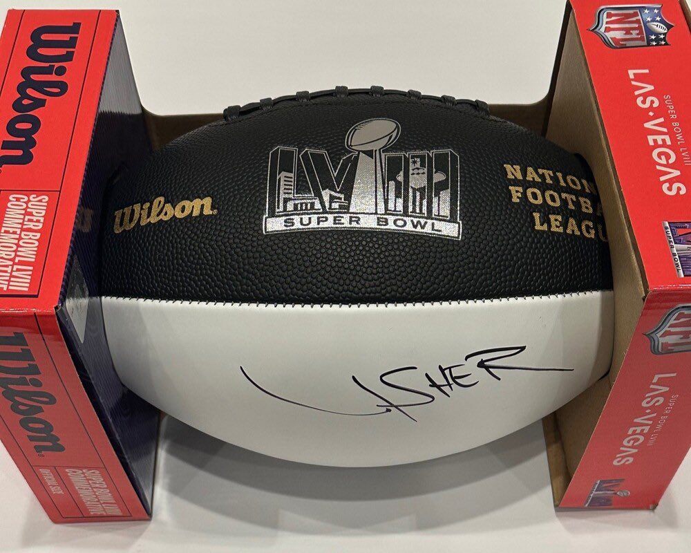 Check out these awesome #SBLVIII items signed by #AppleMusicHalftime performer Usher! Visit NFL.com/auction now! @nflauction