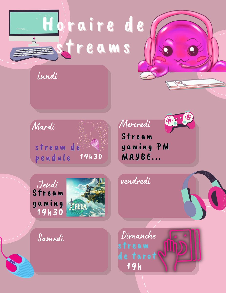 Layla_blublu's tweet photo. Voici l'horaire Twitch pour cette semaine! NOUVEAUTÉ : un stream de pendule! Ne manquez pas ça! #twitch https://t.co/of1TUjGVLa