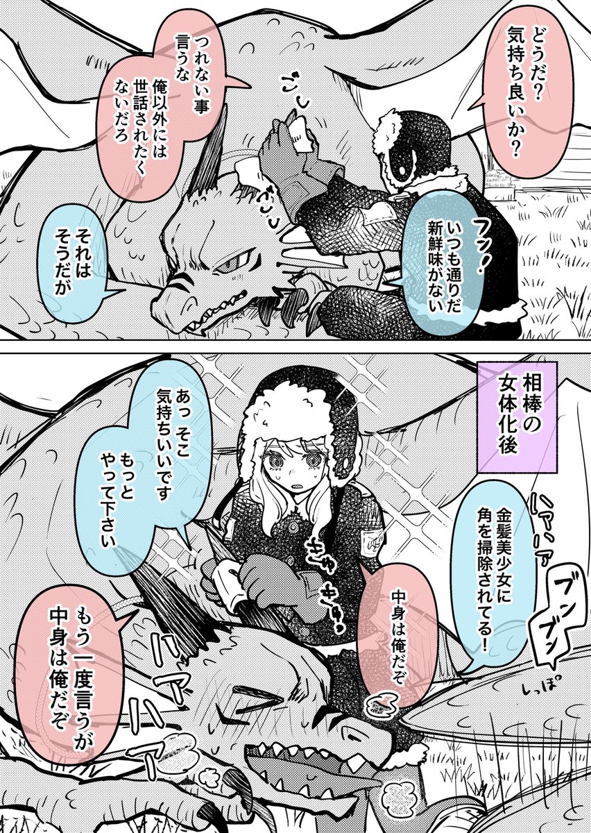ドラゴン×女体化しちゃったドラゴンライダー
新鮮味の話 