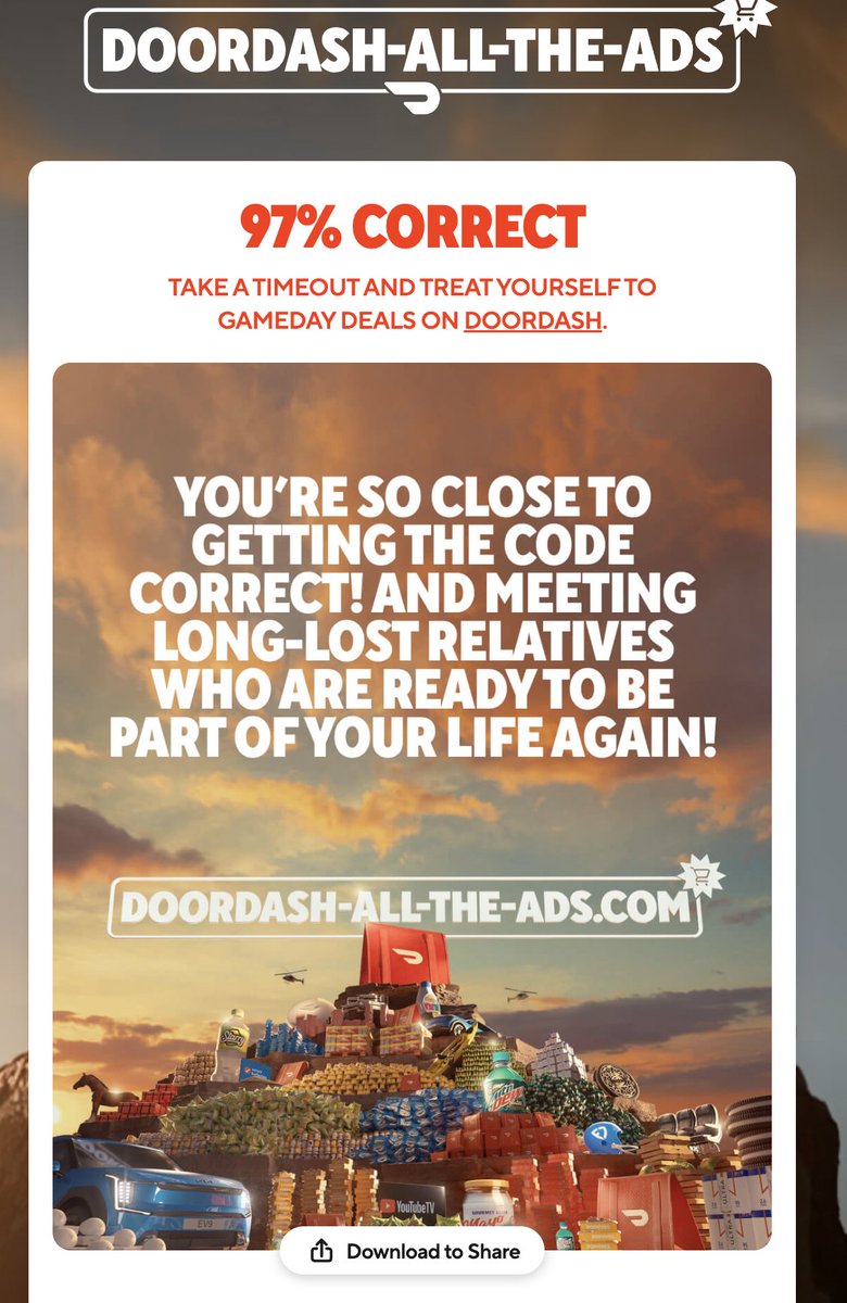 got to 97% for this #DoorDashAllTheAds promo code that's enough for now
