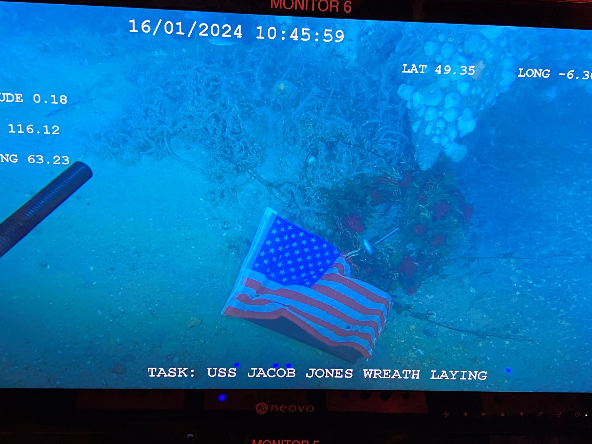 ATLANTIC OCEAN (Jan. 22, 2024) The U.K. Ministry of Defence’s Salvage and Marine Operations (SALMO) unit successfully conducted a survey of the historic WWI wreck of the Tucker-class destroyer USS Jacob Jones (DD-61) in the Atlantic Ocean on Jan. 22, 2024. The operation, carried out at the behest of Naval History and Heritage Command (NHHC) and with pivotal support from the U.S. Embassy in London, led to the recovery of the ship's bell. NHHC, located at the Washington Navy Yard, is responsible for preserving, analyzing, and disseminating U.S. naval history and heritage. (Photo courtesy Ministry of Defence)