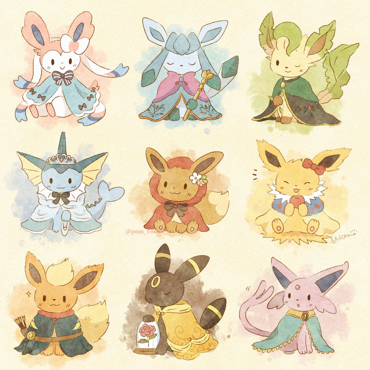 eevee ,espeon ,glaceon ,jolteon ,leafeon ,umbreon ,vaporeon no humans pokemon (creature) clothed pokemon smile closed eyes sitting bow  illustration images