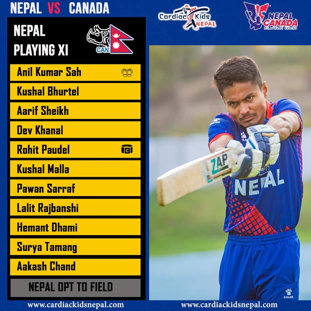 Nepal will 𝐁𝐎𝐖𝐋 first after winning  the toss against Canada.🇨🇦
𝐅𝐎𝐔𝐑 Changes to the team 🇳🇵
𝐈𝐍 Kushal Bhurtel, Aarif Sheikh, Lalit Rajbanshi, Hemant Dhami (Debut 🧢)
𝐎𝐔𝐓 Aasif Sheikh, Rijan Dhakal, Sompal Kami, Bhim Sharki
#NEPvsCAN #TossUpdate #weCAN