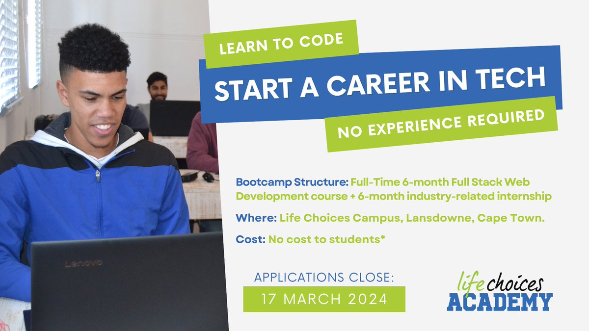🌟 Join Life Choices Academy &amp; kickstart a career in the ICT sector! 🚀

Requirements:
✅Matric certificate
✅ Age: 18 - 25
✅ Residing in Cape Town
✅ Able to attend full-time
✅ South African citizen

Ready to change things up? Click here forms.gle/5zfGkc74s2oEc2… to apply!