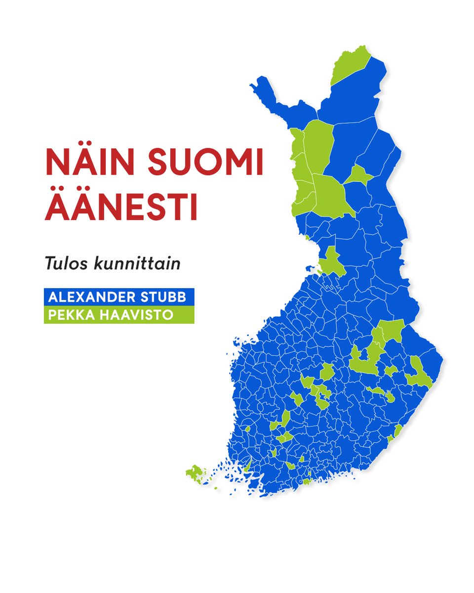 🇫🇮 Näin suomalaisten äänet jakautuivat kunnittain presidentinvaaleissa.

👉 Katso tarkemmin oman kuntasi äänestystulos MTV Uutisten tulospalvelusta: mtvuutiset.fi/vaalitulokset/…
#mtvuutiset #presidentinvaalit2024