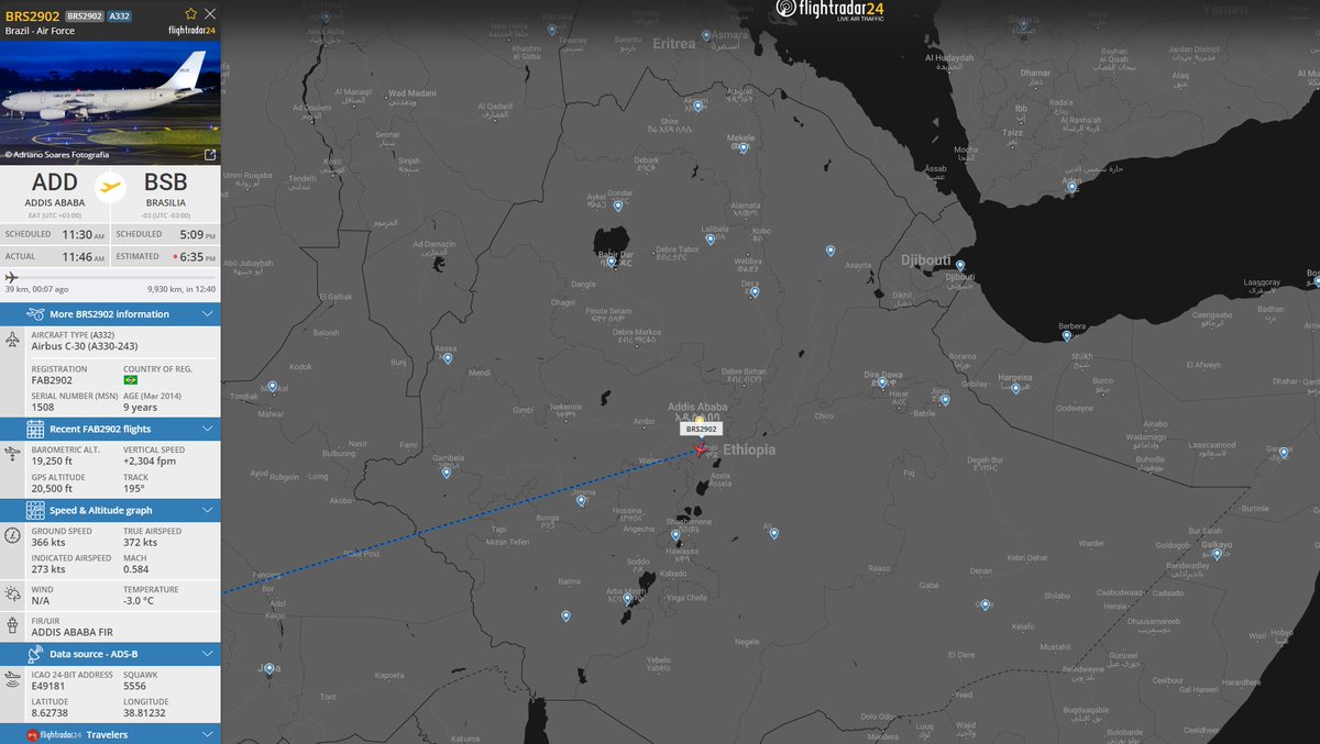 Dinlas3's tweet photo. 🇧🇷Brazil Air Force Airbus C-30 (A330-243) as #BRS2902 just departed from 🇪🇹Bole International Airport, Addis Ababa, Ethiopia after the long trek from Aeroporto de Brasília. #E49181 @Borrowed7Time https://t.co/0SrmIkdceG