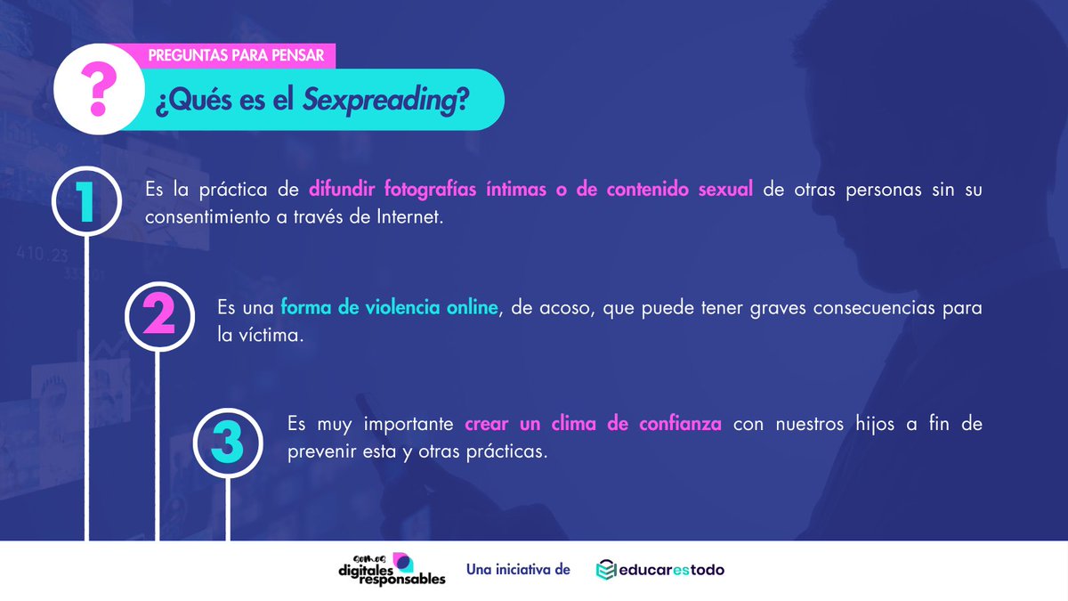 📸¿Alguna vez tu hijo o hija ha tenido que ver cómo se difundían imágenes suyas íntimas sin su autorización?

Los #padres hemos de conocer todas las modalidades de #acoso y los riesgos a los que están sometidos nuestros #hijos
#digitalesyresponsables #usoresponsable #sexpreading