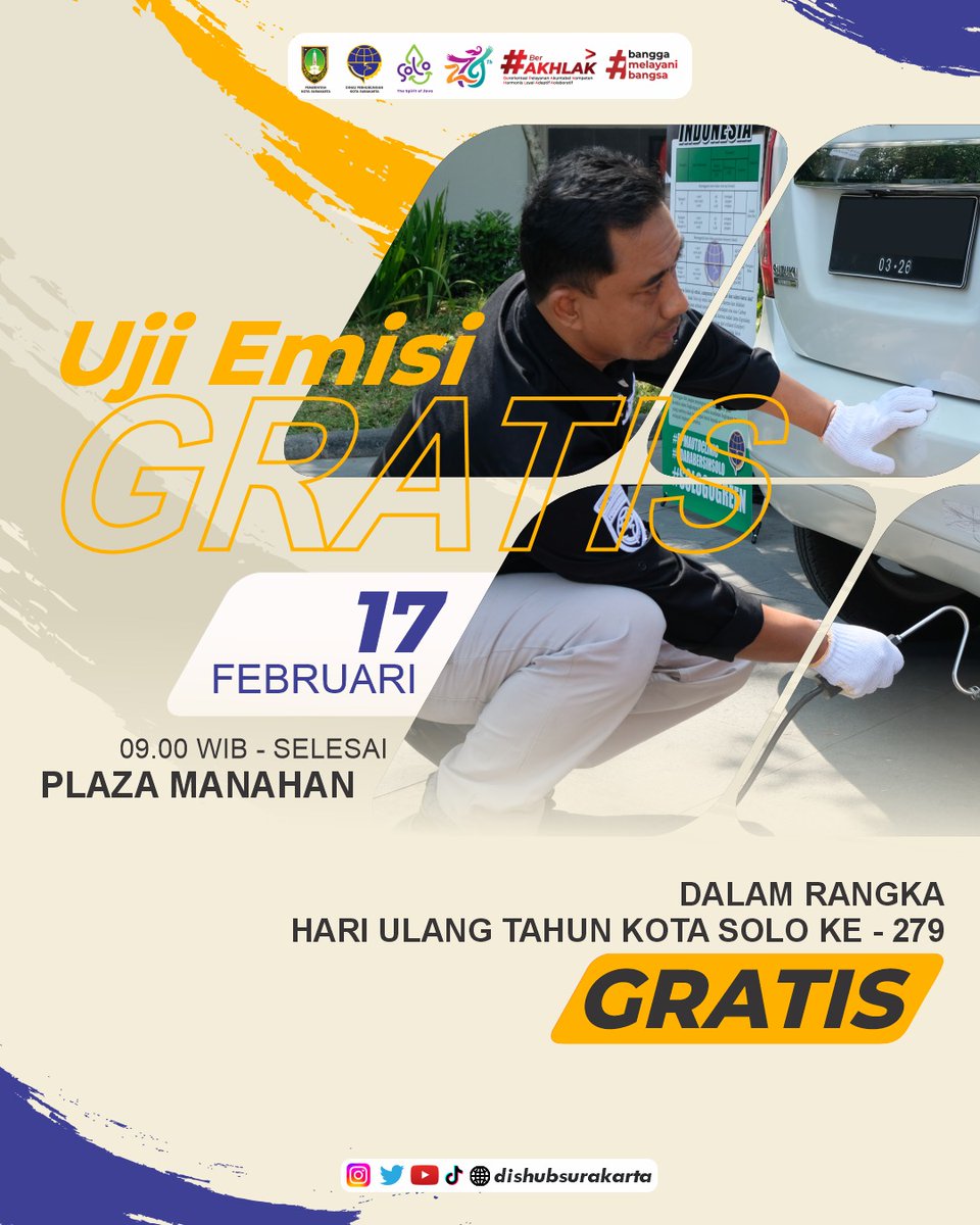 Dalam rangka memperingati hari jadi Kota Solo di tanggal 17 Februari 2024 dishub Surakarta menggelar uji emisi gratis Non Kendaraan Bermotor Wajib Uji (Mobil Pribadi). Ayo manfaatkan uji emisi gratis untuk udara yang lebih sehat. @gibran_tweet @PEMKOT_SOLO