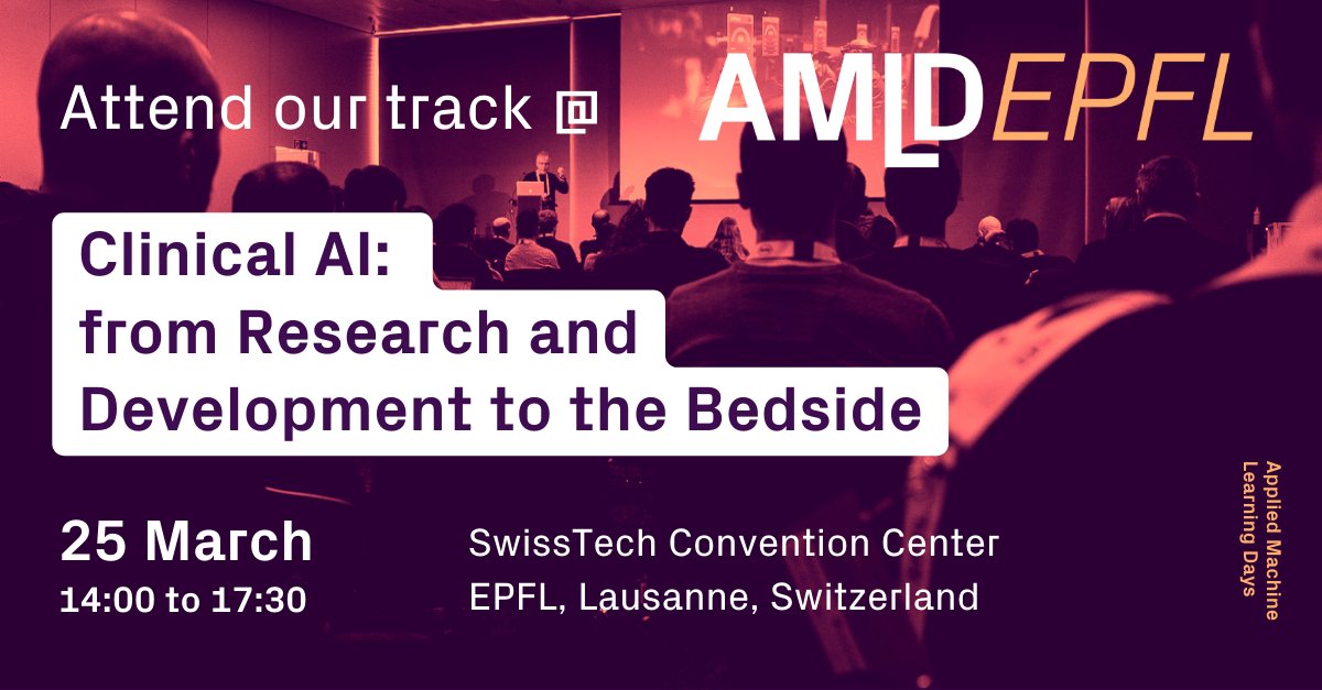 Swiss Data Science Center (@sdscdatascience) on Twitter photo We’ll be co-organizing the track 'Clinical AI: from research and development to the bed side' at #AMLDEPFL2024 with <a href="/CHUVLausanne/">CHUV / Centre hospitalier universitaire vaudois</a>, <a href="/hug_ge/">HUG</a>, <a href="/SDSCdatascience/">Swiss Data Science Center</a>.
More info: datascience.ch/event/amld-202… and 2024.appliedmldays.org/programme-live… We’ll be co-organizing the track 'Clinical AI: from research and development to the bed side' at #AMLDEPFL2024 with <a href="/CHUVLausanne/">CHUV / Centre hospitalier universitaire vaudois</a>, <a href="/hug_ge/">HUG</a>, <a href="/SDSCdatascience/">Swiss Data Science Center</a>.
More info: datascience.ch/event/amld-202… and 2024.appliedmldays.org/programme-live…