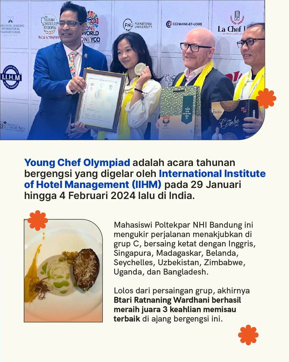 🔥 Menyala Sobatku 🔥

Selamat untuk Btari Ratnaning Wardhani yang berhasil meraih “3rd Best Knife Skill” dan menjadi top 10 dari 60 negara peserta pada The 10th IIHM Young Chef Olympiad di India 🥳

Didukung oleh Mentor Dosen Poltekpar NHI Bandung, Bapak Sukarno Wibowo, dan