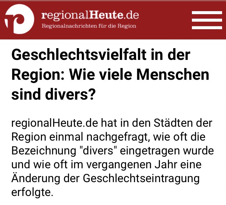 Wolfenbüttel: 56.873 Einw. / 1x divers

Salzgitter: 107.465 Einw. / 7x divers

Goslar: 49.744 Einw. / 0x divers

Peine: 52.416 Einw. / 1x divers

Wolfsburg: 128.231 Einw. / 0x divers

Gifhorn: 44.376 Einw. / 0x divers 

Helmstedt: 27.878 Einw. / 0x divers

regionalheute.de/geschlechtsvie…