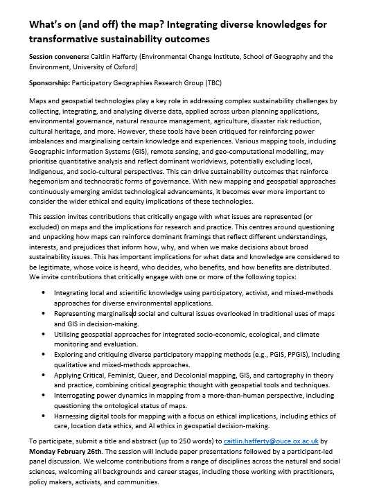 Dr Caitlin Hafferty (@caitlinhafferty) on Twitter photo 📢#RGSIBG24 CfP - What's on (and off) the map? 🗺️
📍Submit work on:
- Integrating local & scientific knowledge
- Representing socio-cultural issues
- Monitoring & evaluation
- Interrogating power dynamics
- Critical #GIS, #participatory GIS
- Ethics: digital, data, AI
📅26.02.24 📢#RGSIBG24 CfP - What's on (and off) the map? 🗺️
📍Submit work on:
- Integrating local & scientific knowledge
- Representing socio-cultural issues
- Monitoring & evaluation
- Interrogating power dynamics
- Critical #GIS, #participatory GIS
- Ethics: digital, data, AI
📅26.02.24