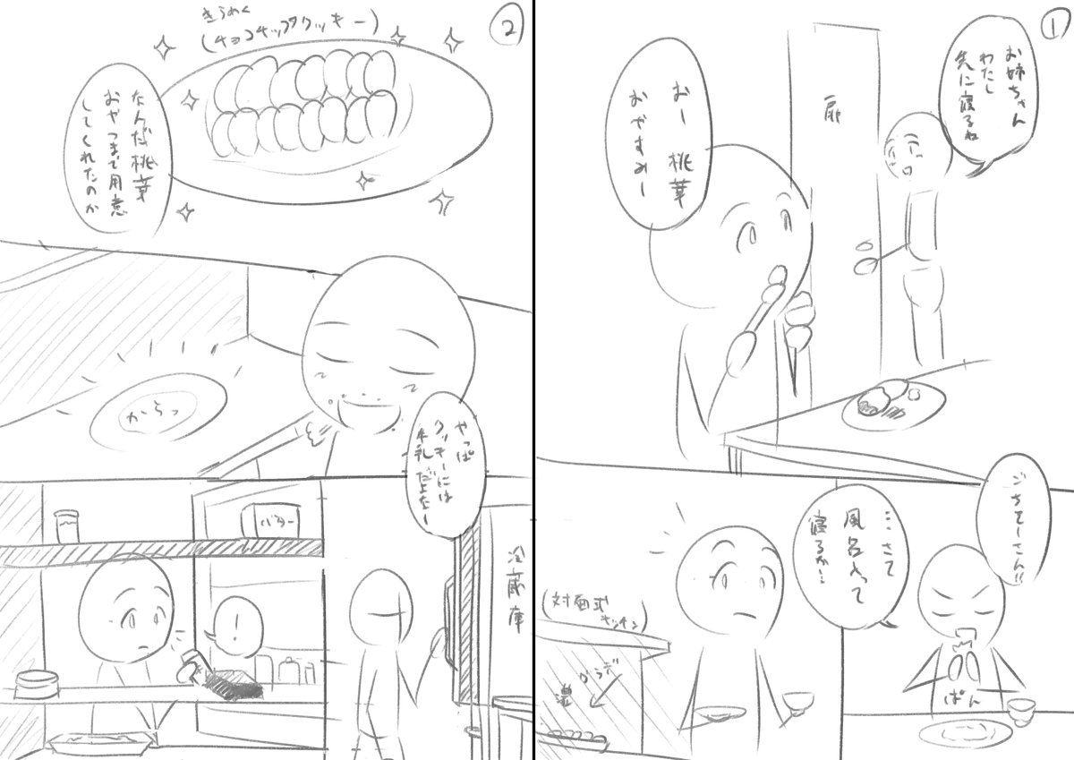 で、前述のシナリオに沿って描いた内容がこちら。
他の多くの方々は具体的なキャラ造形までされてましたが、私は具体的なシナリオを作るのに精一杯なのと単に画力が高くないのとで、いつもの丸と棒で。
(女子高生熱血お姉ちゃんとひとつ下の妹、を想像してください)
#東京ネームタンク #4時間漫画