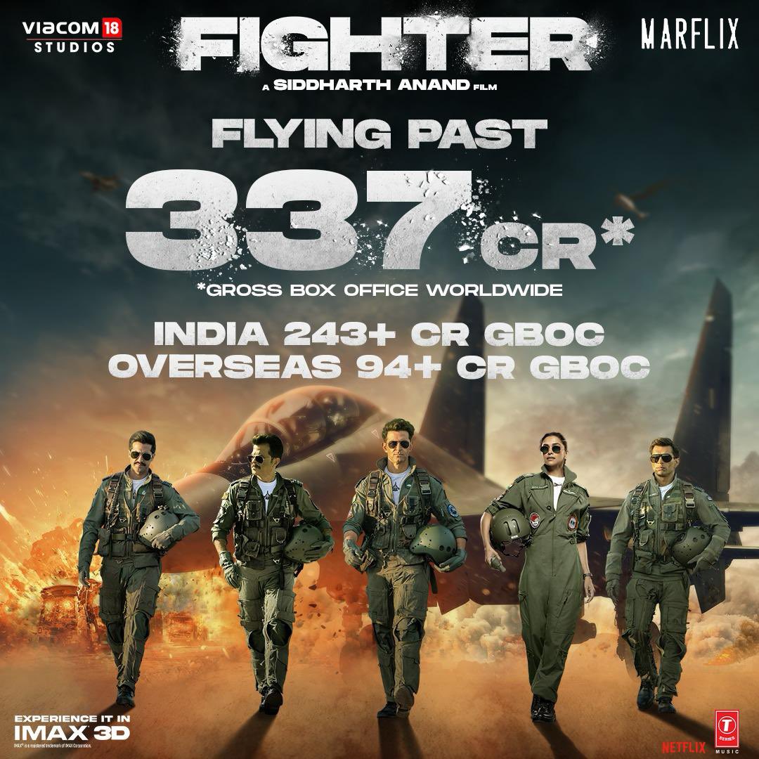 #Fighter to emerge as the first HIT of 2024. Starting the year with a bang, packs a solid 3rd weekend! Crosses ₹ 337cr worldwide. Super-Hit overseas, the film collected ₹ 243cr gross in India and ₹ 94cr gross overseas! 
@justSidAnand @viacom18studios @MarflixP #FighterMovie