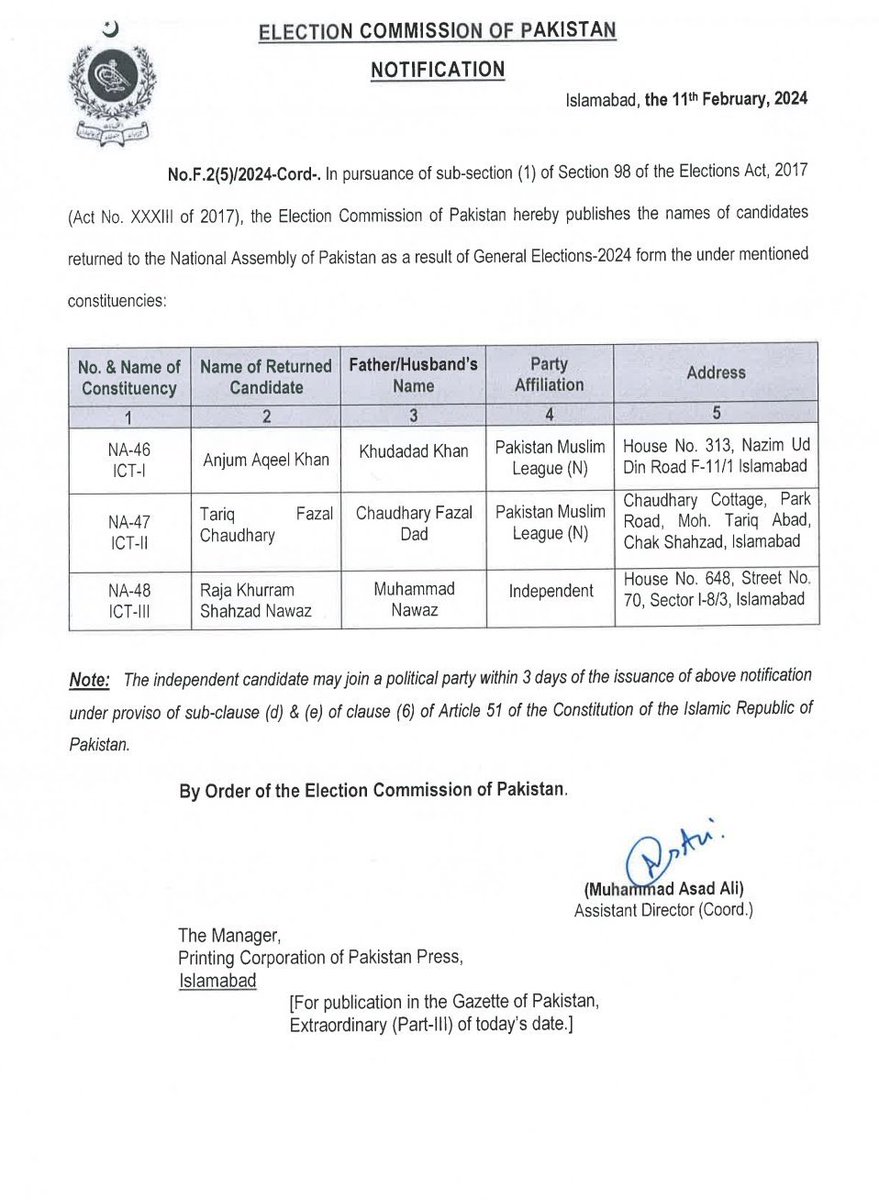 AsadAToor's tweet image. 🚨🚨#BREAKING: @ECP_Pakistan issues notification of 3 constituencies of #Islamabad, NA-46, NA-47, NA-48 declared #PMLN’s Anjum Aqeel, @DrTariqFazal and independent Raja Khurram Shahzad Nawaz winners respectively.