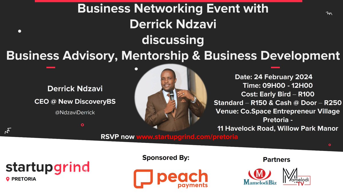 StartUpGrindPTA's tweet photo. Join us as we host @NdzaviDerrick an Entrepreneurologist, a Certified Business Advisor and Business Consultant.

We will be discussing &amp; addressing Business Advisory, Mentorship and Business Development questions you have.

https://t.co/r7AGXHkWKy 

#BiharFloorTest
#Afconfinals https://t.co/DPmALDFqbe