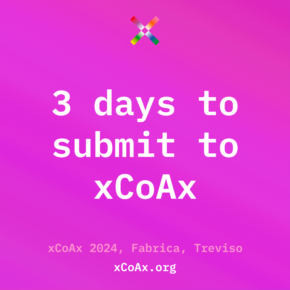 xcoaxorg's tweet photo. 3 days left to submit to #xCoAx2024, the 12th conference on Computation, Communication, Aesthetics, and X at Fabrica, Treviso, Italy. Submit your papers, artworks, performances, or apply to the School of X at https://t.co/LojHDt9deg https://t.co/y6i0ZdNuc3