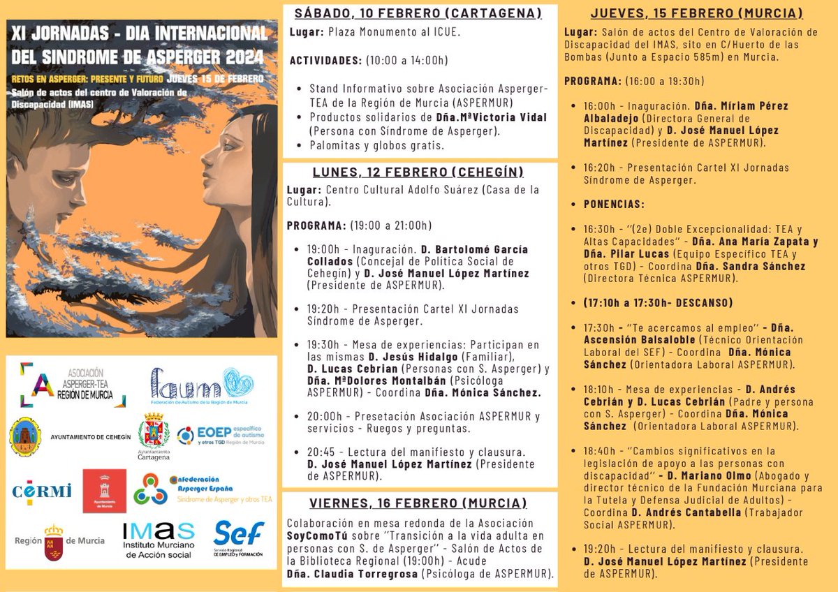 HOY LUNES, 12 FEBRERO en Ayuntamiento de Cehegín 
Lugar: Centro cultural 'Adolfo Suárez' de Cehegín (Casa de la
Cultura).
Jornada organizada por @Aspermur por Dia Inter. de Asperger 2024

#TEA #Asperger #DISA2024 #SemanaAsperger2024 #DiaInternacionalAsperger #ningunteasinderechos