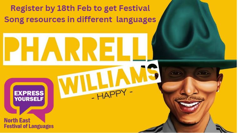 North East schools and groups: Register by 18th Feb to access 'Happy' resources in different languages. Children and young people can sing, play or sign the Festival song. Submit performances by 18th March for the virtual regional performance. expressyourselfne.com/song/