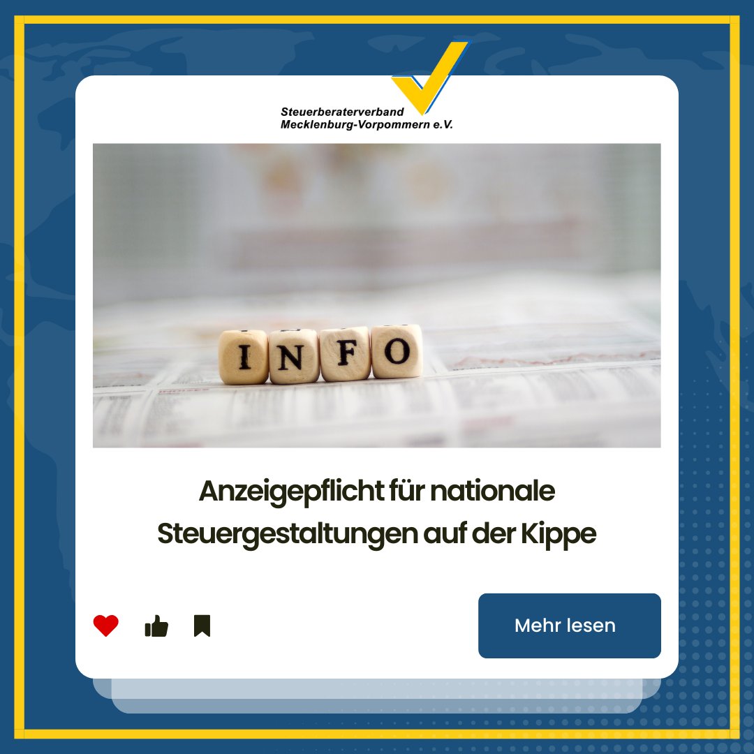 Die informelle Arbeitsgruppe zum Wachstumschancengesetz hat sich u.a. auf den Verzicht der Meldepflicht verständigt. Der Vermittlungsausschuss befasst sich mit dem geschnürten Gesamtpaket am 21.02.2024.

Ganzer Artikel: stb-verband-mv.de/aktuelles/anze…