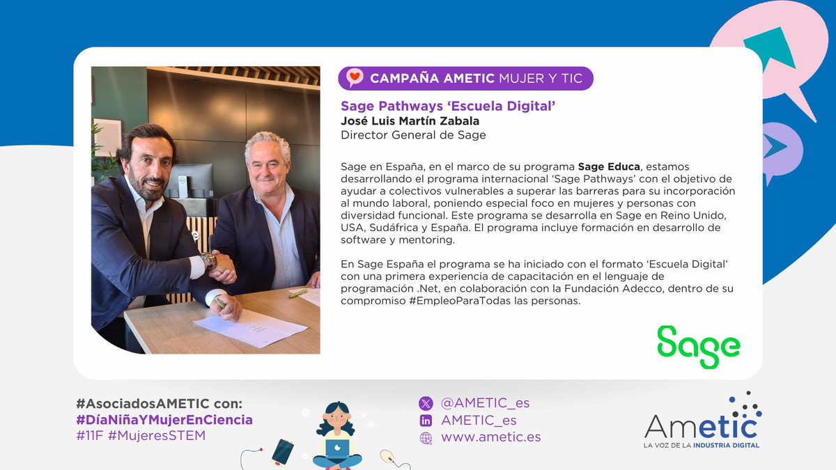 AMETIC (@ametic_es) on Twitter photo 👩🏽💻🧪👩🏽🔬.<a href="/SageSpain/">Sage Spain</a> desarrolla el programa Sage Pathways ‘Escuela Digital’ para potenciar la capacitación en #TIC como palanca para la inserción laboral de calidad y sostenible, romper la brecha que hay en la formación e incorporación de mujeres en las profesiones TIC (destinando 👩🏽💻🧪👩🏽🔬.<a href="/SageSpain/">Sage Spain</a> desarrolla el programa Sage Pathways ‘Escuela Digital’ para potenciar la capacitación en #TIC como palanca para la inserción laboral de calidad y sostenible, romper la brecha que hay en la formación e incorporación de mujeres en las profesiones TIC (destinando