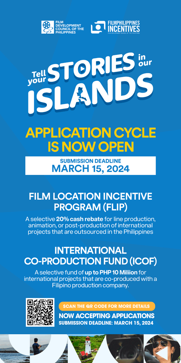 fdcpofficial's tweet photo. NEED FUNDING FOR PROJECTS? APPLY NOW FOR FILMPHILIPPINES INCENTIVES AND CREATEPHFILMS! 🎥 The Film Development Council of the Philippines (FDCP) is now accepting applications for FilmPhilippines Incentives and CreatePHFilms Cycle 1 of 2024!
#FLIP #ICOF #CreatePHFilms #FDCP https://t.co/qOE6KTJARz