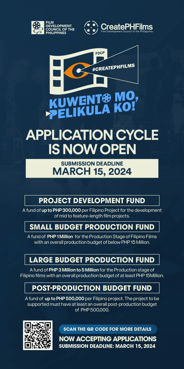 fdcpofficial's tweet photo. NEED FUNDING FOR PROJECTS? APPLY NOW FOR FILMPHILIPPINES INCENTIVES AND CREATEPHFILMS! 🎥 The Film Development Council of the Philippines (FDCP) is now accepting applications for FilmPhilippines Incentives and CreatePHFilms Cycle 1 of 2024!
#FLIP #ICOF #CreatePHFilms #FDCP https://t.co/qOE6KTJARz