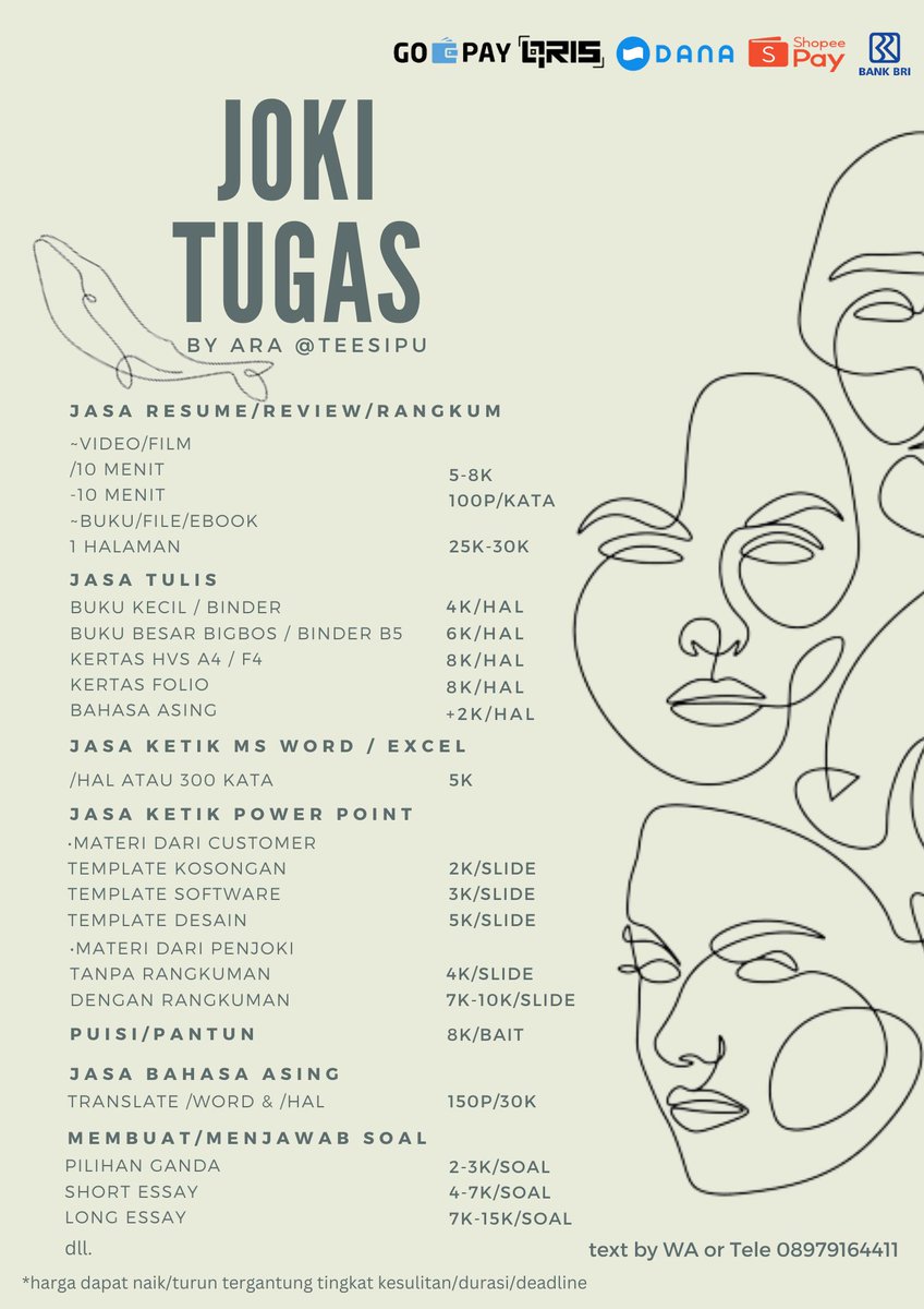 haii! Aku open joki tugas spess di Bahasa Inggris dan resume video atau film jasa lainnya bisa dilihat di poster, fast respon wa.me/628979164411
#zonauang #jokitugas #zonajajan