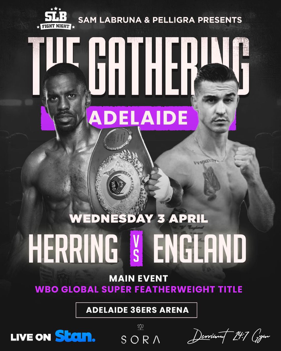 NunanBoyPromo's tweet photo. Jamel Herring Vs Jackson England for the WBO Global Super Featherweight Title. Live on Stan Sports Wednesday April 3 from Adelaide 🥊
#HerringEngland #StanSports #SlbFightNight
#Pelligra #Adelaide #Boxing
@JamelHerring @StanSportAU @fighthype https://t.co/rc06re2zlu