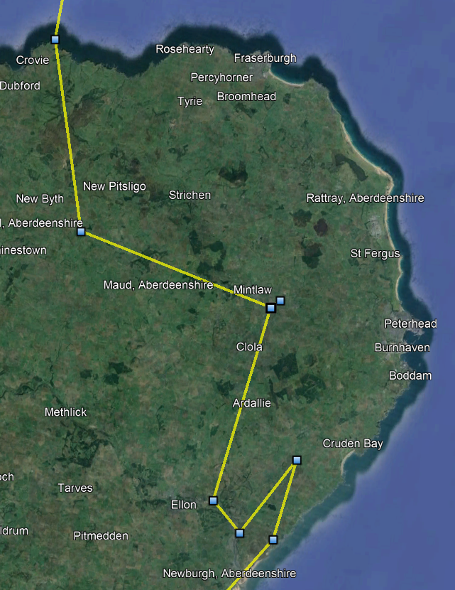 ...and a close-up of his stay in Scotland. He left Mintlaw on 11 Feb 08:46 (UTC), then one point per hour.