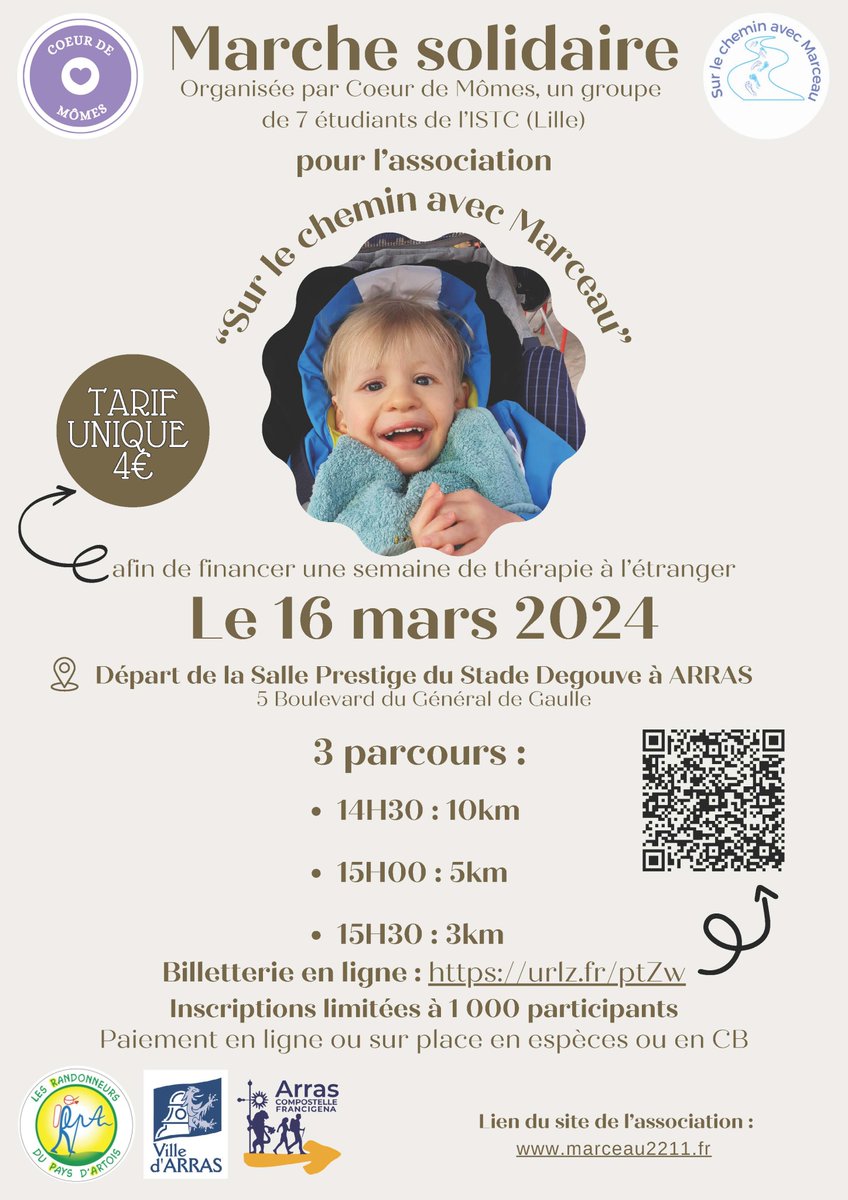VilleArras's tweet photo. 🤝 Une marche solidaire est organisée par Cœur de Mômes au profit de l’association « Sur le Chemin avec Marceau ».

📅Samedi 16 mars
➡️3 parcours
📍Salle Prestige du Stade Degouve à ARRAS
🎫4€
🎟️Inscription: https://t.co/ogc2k8G2RV

ℹ️ Site de l’asso: https://t.co/yY7Ecl90F7 https://t.co/Pkr0xOIOTP