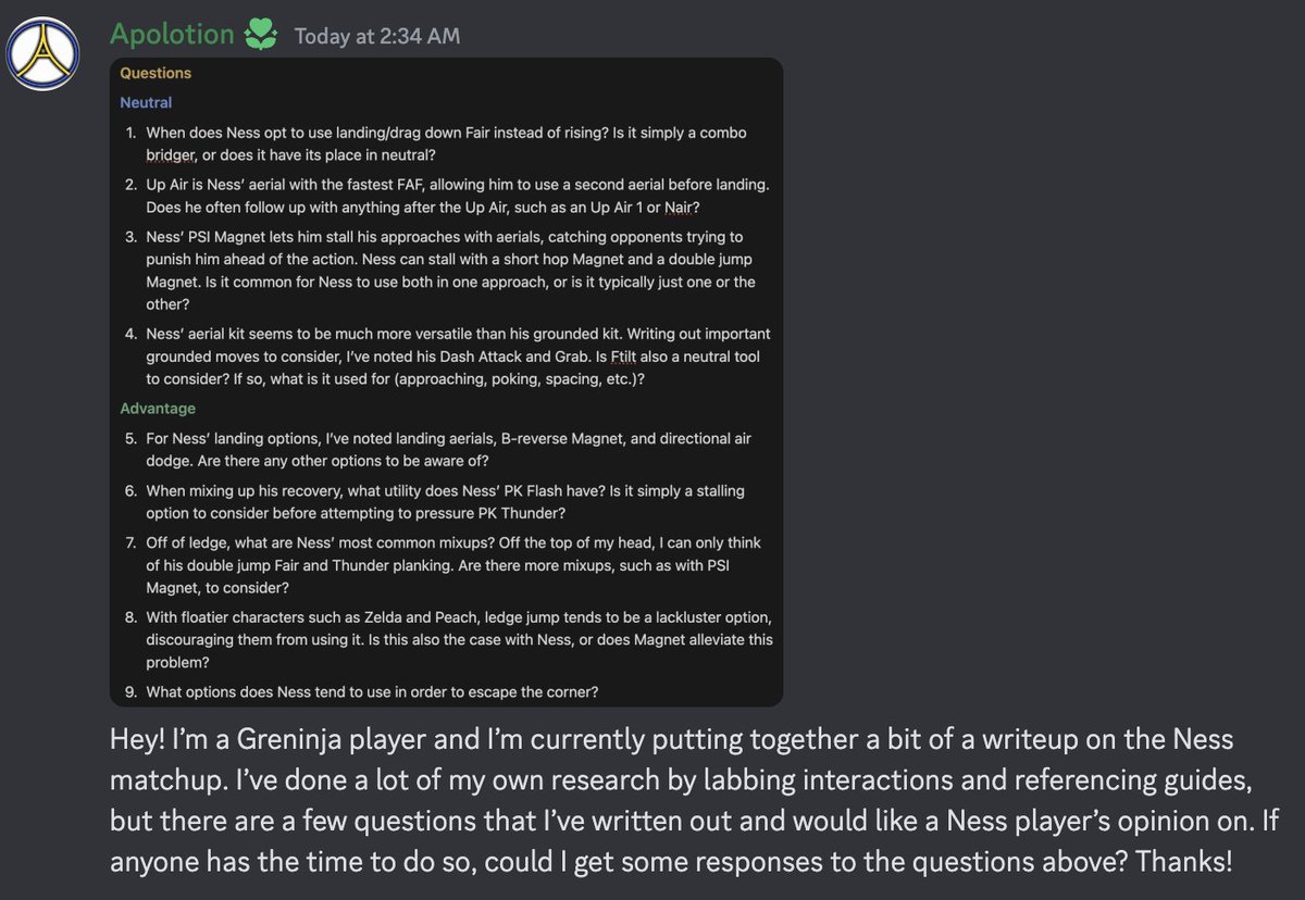 Apolotion's tweet image. One of my biggest pet peeves is people asking &quot;what do I do against X character&quot; WITH NO CONTEXT. PLEASE learn how to ask questions guys. Giving direction really makes all the difference in your ability to learn to fight against other characters while soliciting better responses.