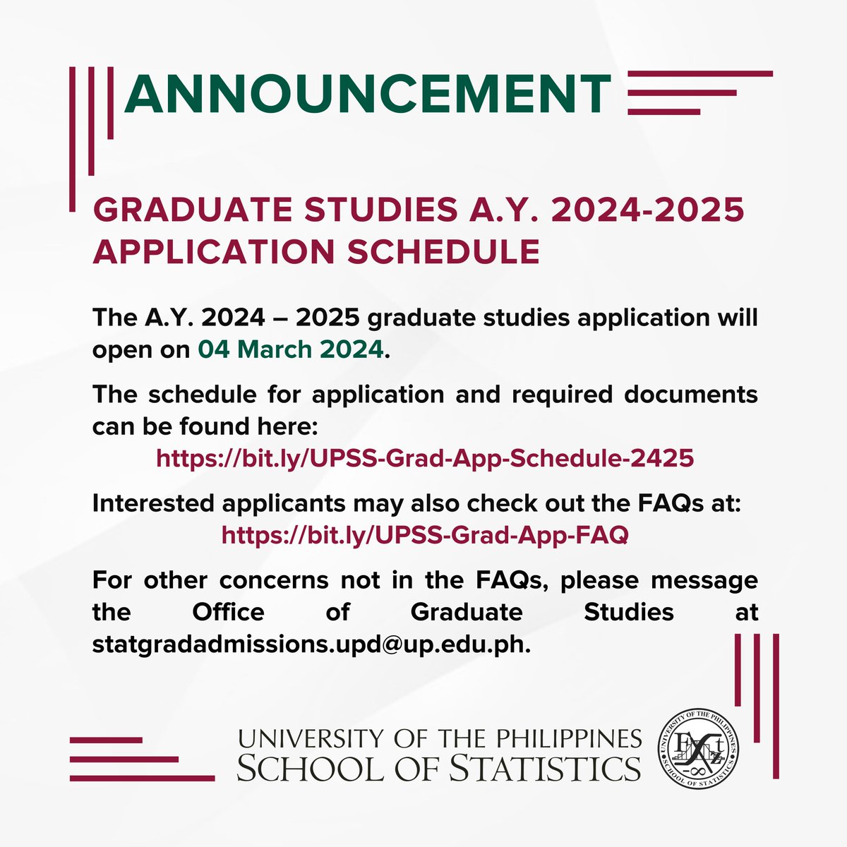 UPDStat's tweet photo. [ANNOUNCEMENT]

The A.Y. 2024 – 2025 graduate studies application will open on 𝟬𝟰 𝗠𝗮𝗿𝗰𝗵 𝟮𝟬𝟮𝟰.
Application schedule and required documents: https://t.co/jHWkD8XaUt.
Other FAQs: https://t.co/VzNqRg6QH2. https://t.co/lUI9P4YWOZ
