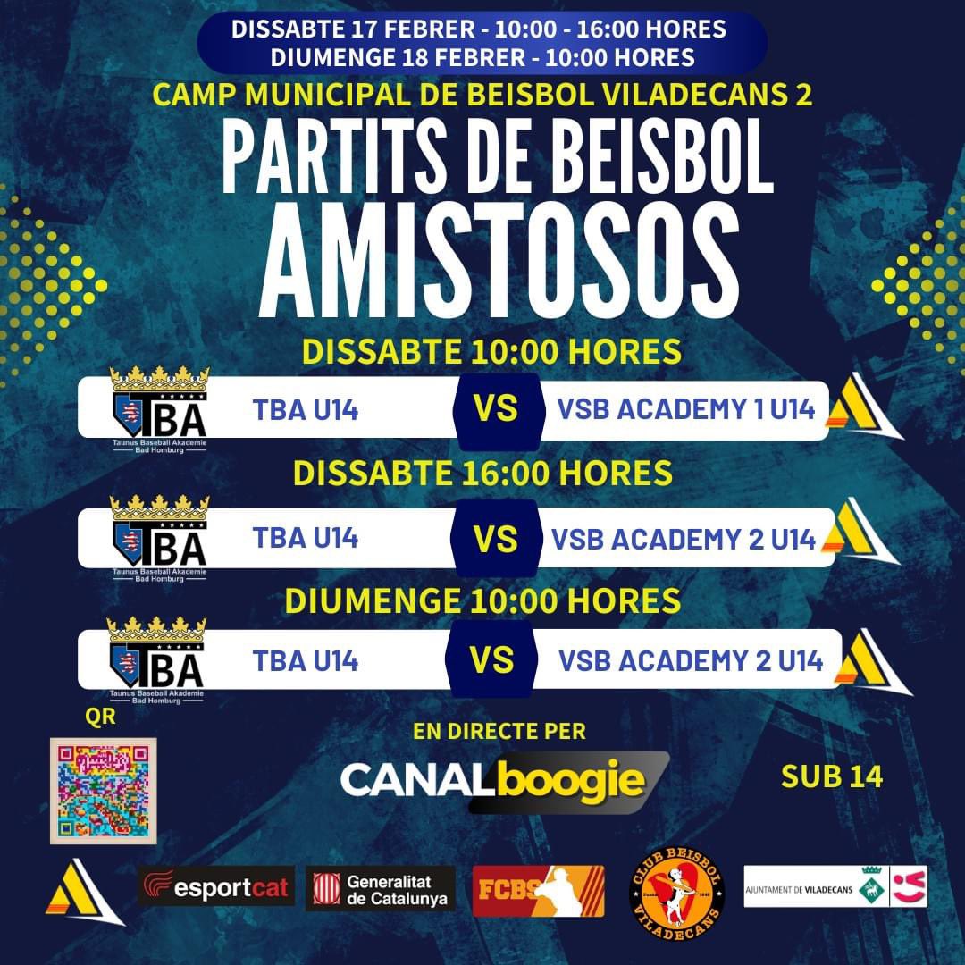 PARTITS AMISTOSOS DE LA CATEGORIA SUB 14 DE BESIBOL
TBA Vs. CB VILADECANS BLACK-WHITE-YELLOW
PROPERS 17 I 18 DE FEBRER

EN DIRECTE PER CANALboogie en aquest enllaç ⬇⬇⬇
youtube.com/<a href="/CANALboogie/">CANALboogie</a>Vi…

@CANALboogie <a href="/BeisbolVila/">Béisbol Viladecans</a> <a href="/ViladecansTweet/">AjuntamentViladecans</a> <a href="/FCBeisbolSofbol/">Beisbol i Softbol Catalunya ⚾️🥎</a>