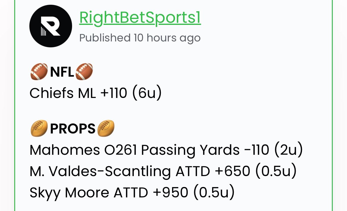 INCREDIBLE night… Mahomes and the Chiefs secure the bag 💰

#Chiefs  ML +110 ✅ +6.6u
MVS ATTD +650 ✅ +3.25u
Mahomes O261.5 Pass Yds ✅ +2u
Skyy Moore ATTD ❌ -0.5u

#SuperBowl  3-1 +11.35u💰

#NFL Playoffs | 10-6 +23.99u 🤑

Congrats to those who tailed 🤝