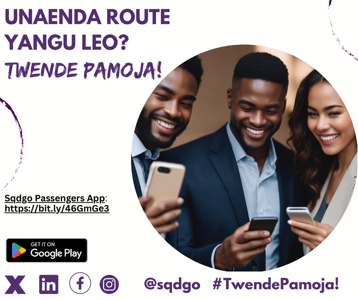 sqdgo_'s tweet photo. Kila time kuna watu huenda route yako. Unaweza enda na squadi ili usave time na doh! Usiende solo, twende pamoja! Download the Sqdgo Squad Passengers App leo to book your first ride! https://t.co/oqMpcDZei2 #mobility #taxiservices #affordabletransport #sharedmobilty #savingcosts https://t.co/HnsFAKqDEw