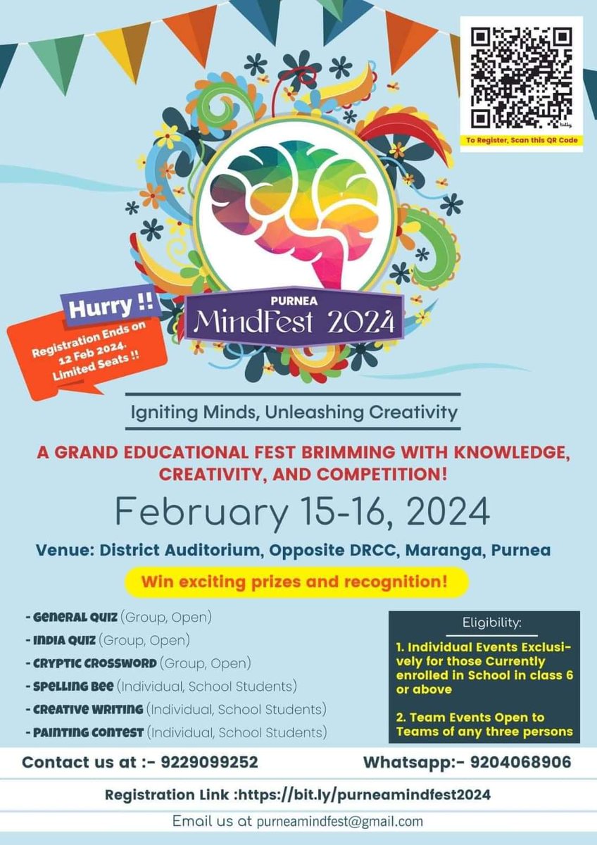 Today is the last date to register! Spread the word and join in making Purnea MindFest 2024 the biggest ever knowledge festival of Bihar !! Link - bit.ly/purneamindfest… #purneamindfest #knowledgeispower #purnea #Bihar #Share @VishekC @PurneaTimes @purneamerijaan