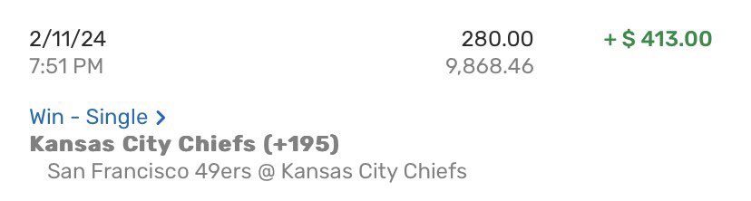 From winning a teamer by the Chiefs winning the coin toss to picking the in game ML when they were down 10-0, TODAY WAS A GOOD DAY #parlay #sportsbettingpicks  #SuperBowl  #chiefs  #49ers