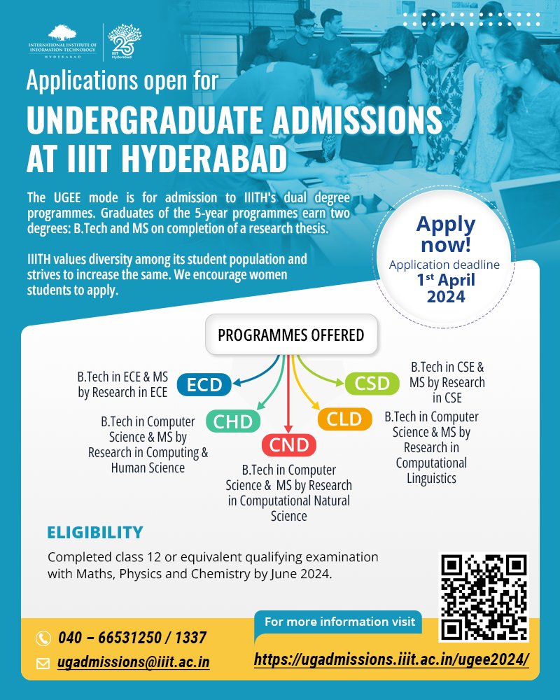 Admissions are now open to IIITH’s UGEE mode of admission to its dual degree programmes. Graduates of the dual degree programmes earn two degrees: B.Tech and Master of Science by Research. Application deadline 1 April 2024. Details at ugadmissions.iiit.ac.in/ugee2024/