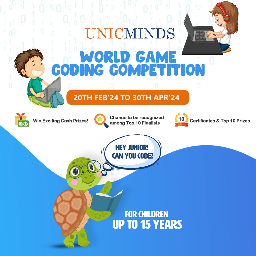 World Game Coding Competition Under 15 - UnicMinds 
Know more - unicminds.com/world-game-cod……… 
#parenting #Parents #Coding #CodingJourney #codinglife #kids #codingforkids #k12 #STEMeducation #STEMGirls #codingcompetition #unicmindscodingcompetition #education #educational #school