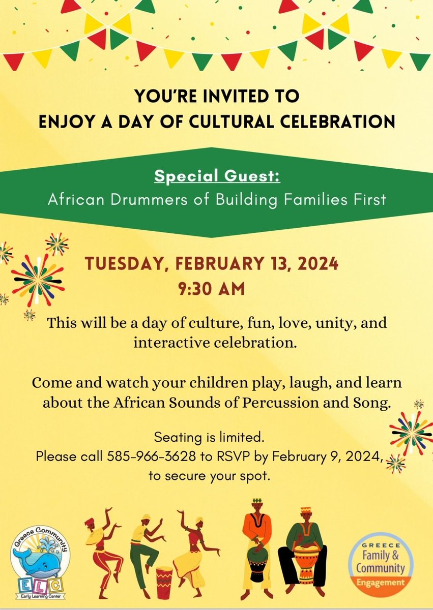 QianaPerry79's tweet photo. As we begin this new week, let's not forget all of the things that are going on @GreeceELC.  Including our Black History Month Celebration w/ special guest drummers of Building Families First.
Tuesday, 2/13 @ 9:35AM
 @mikejferris2 @GCSDsuper @valeriekpaine @GCSDcommschools https://t.co/wwphddLtkH