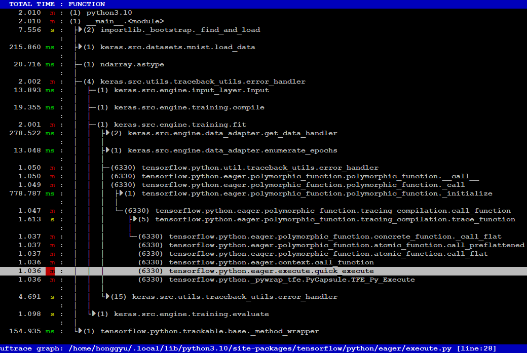 nexus26's tweet photo. uftrace is now able to trace more complicated python programs such as tensorflow and keras. It's explained at https://t.co/Mn5GWw3SeV. https://t.co/AoeoKu1Pop