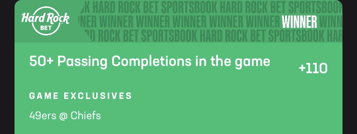 BurntCouchU's tweet photo. Mahomes MVP ✅
50+ Passing Completions ✅
Mahomes or Purdy pass 45+ ✅
Kelce Halftime live receiving line ✅

WHAT A FUCKING NIGHT ⏰

#SuperBowl #CrunchtimePicks @HardRockBet https://t.co/xAKFLOa3kI