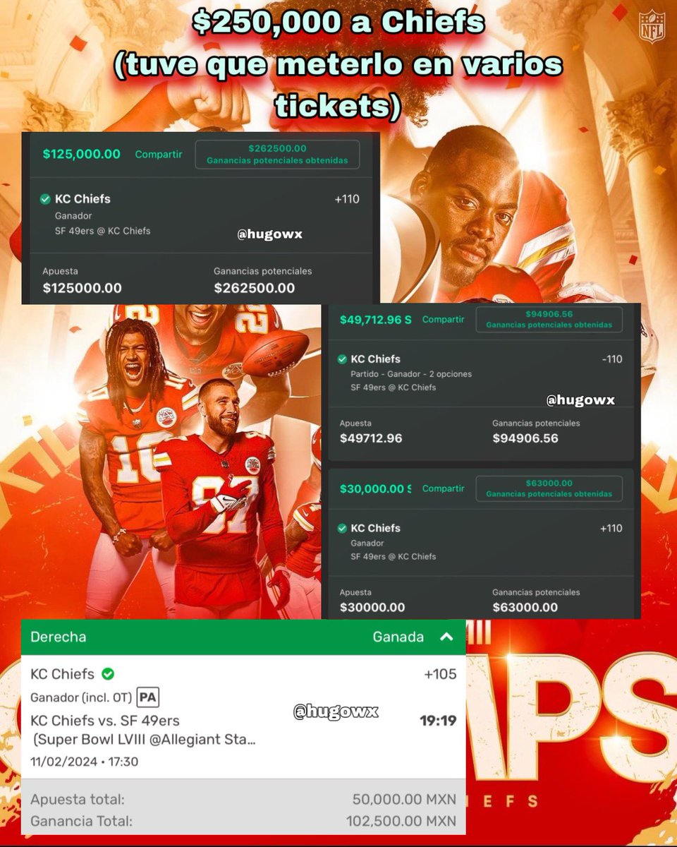 hugowx_'s tweet image. APOSTÉ $350,000 A CHIEFS EN EL SÚPER BOWL Y GANAMOS 🍾🍾

¿LO MEJOR? LO COMPARTÍ PARA QUE GANÁRAMOS TODOS 🥵💸

LES DIJE DESDE HACE MESES QUE #CHIEFS SERÍA CAMPEÓN OTRA VEZ. SIGO INVICTO EN SÚPER BOWL

Y LE METI $100,000 MÁS EN EL CASINO FÍSICO🍾

REGALARE 10,000 ENTRE LOS ♥️🔄