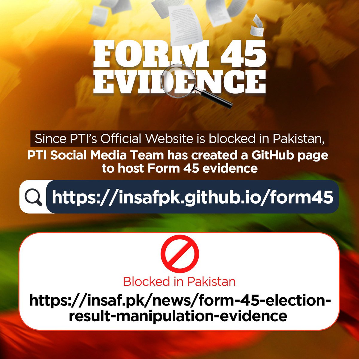 agentjay2009's tweet photo. PTI’s Website is blocked in Pakistan which is making access to rigging proofs (Form 45) difficult. PTI Social Media team has created a GitHub page as a workaround. Please check Form 45 evidence at https://t.co/03J5YsBUsk #PrimeMinisterImranKhan 

#مینڈیٹ_پر_ڈاکا_نامنظور https://t.co/CY1Z3TJPiz